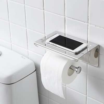 Stainless Steel Bathroom Tissue Holder with Mobile Phone Storage Shelf